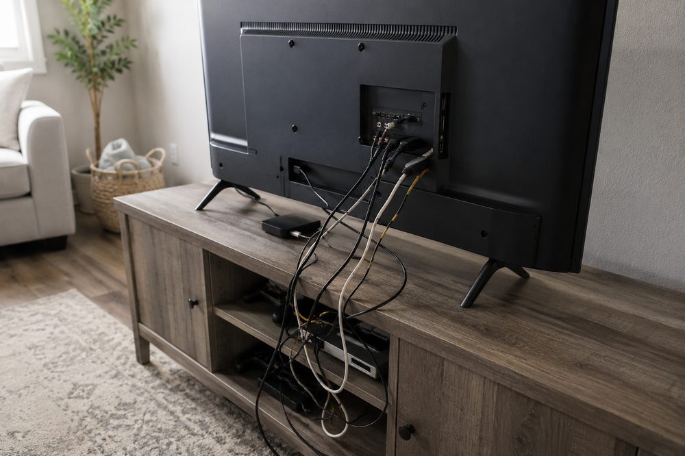 TV sobre el mueble con cables enredados, antes del montaje
