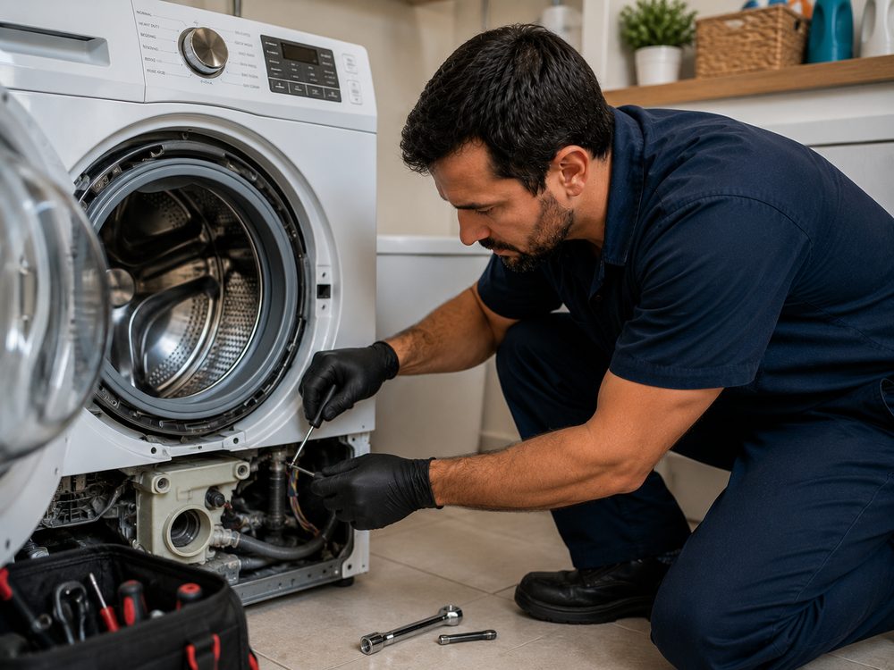 Técnico reparando una lavadora