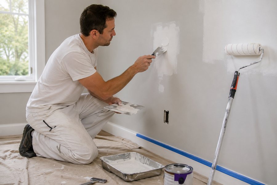 Técnico resanando y pintando una pared